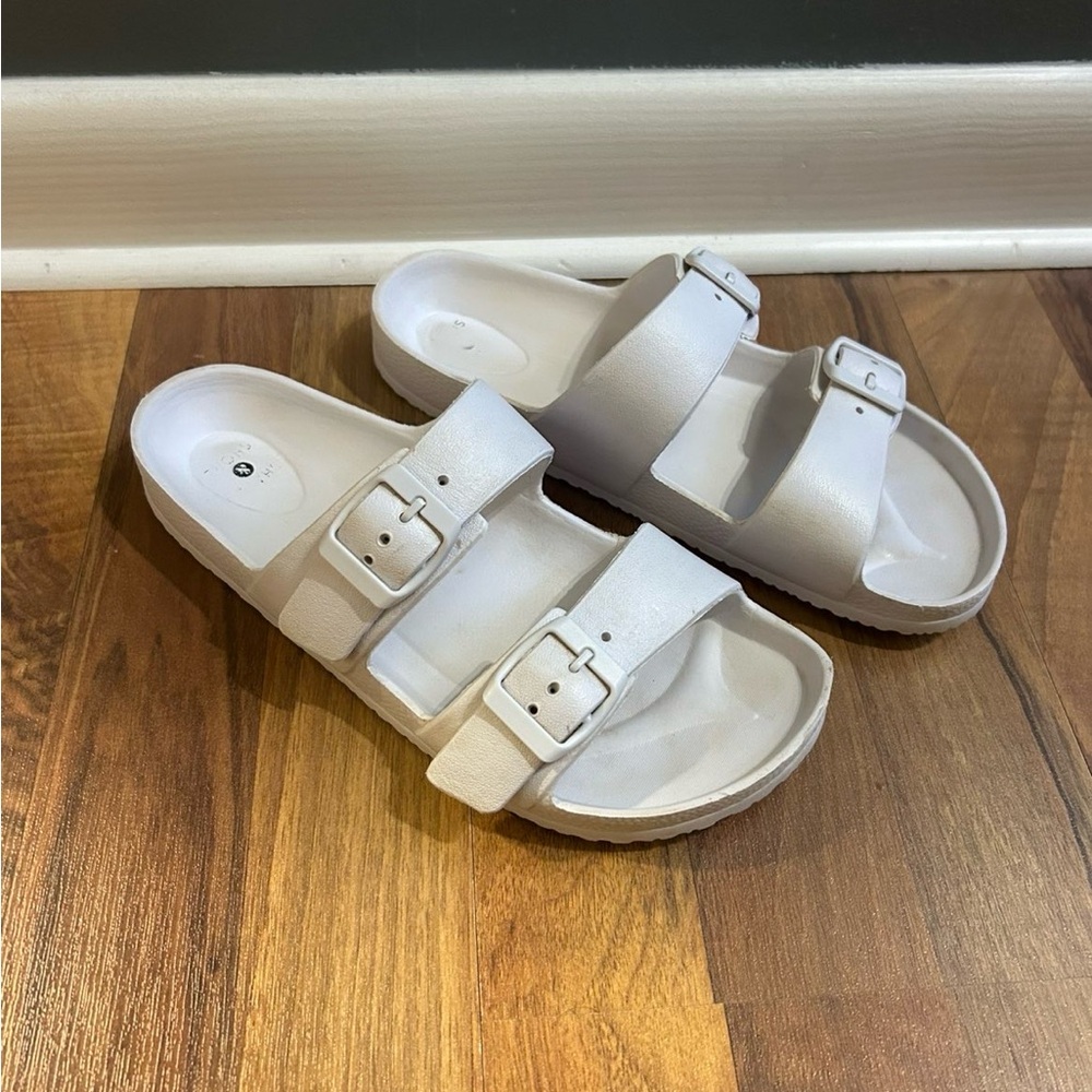 White Double-Buckle Slide Sandals
